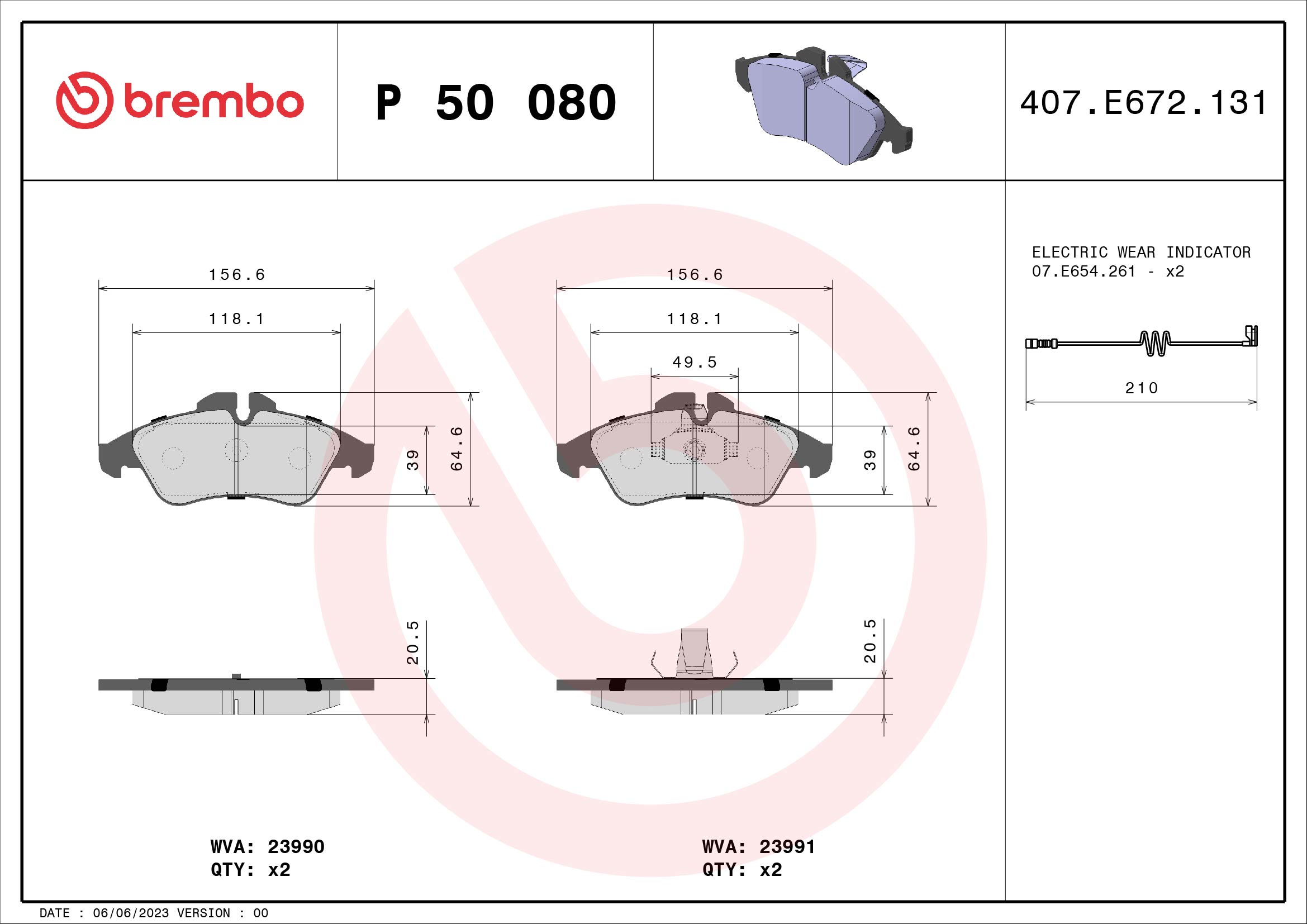 Slika BREMBO - P 50 080 - Komplet pločica, disk-kočnica (Kočioni uređaj)