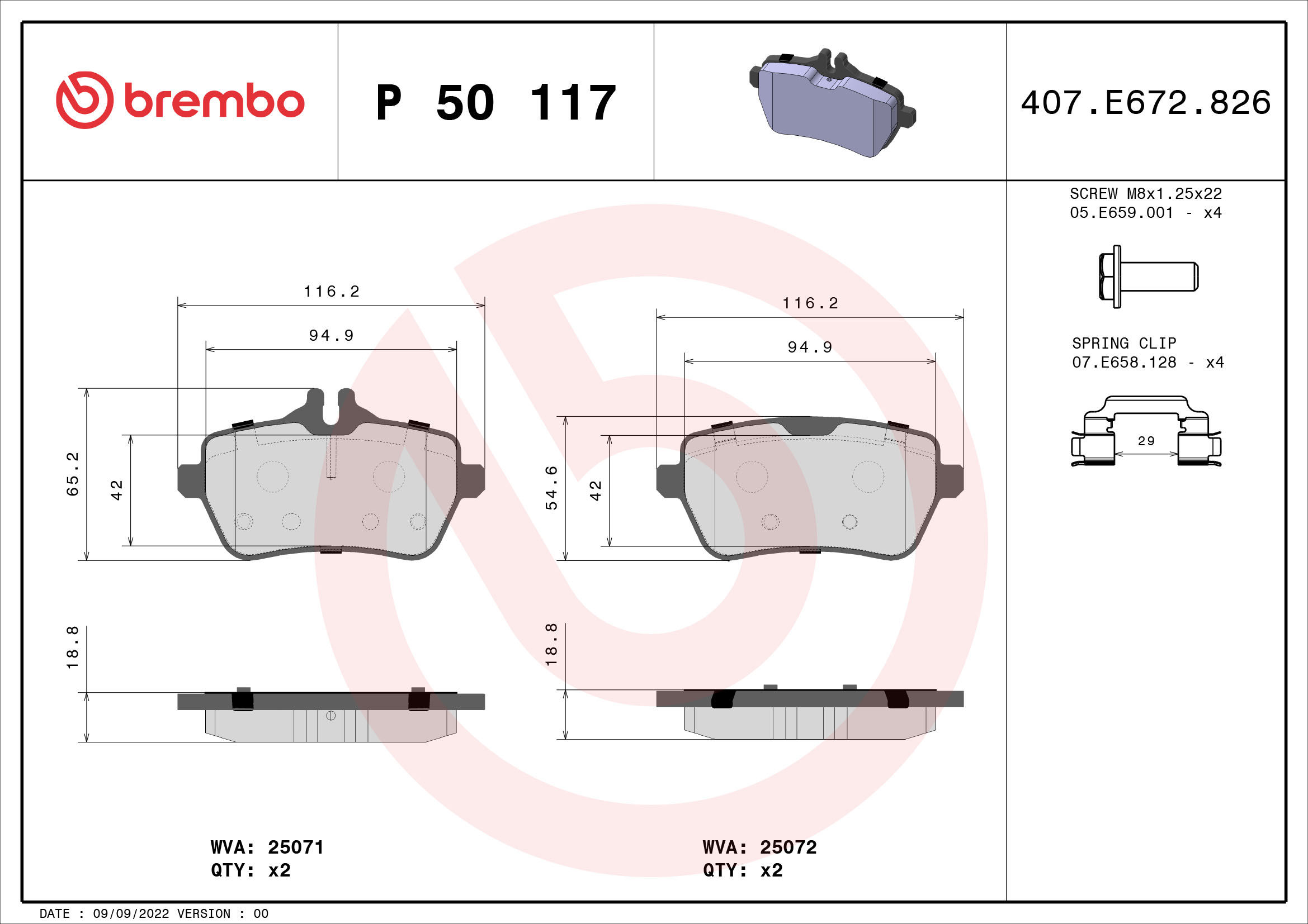 Slika BREMBO - P 50 117 - Komplet pločica, disk-kočnica (Kočioni uređaj)