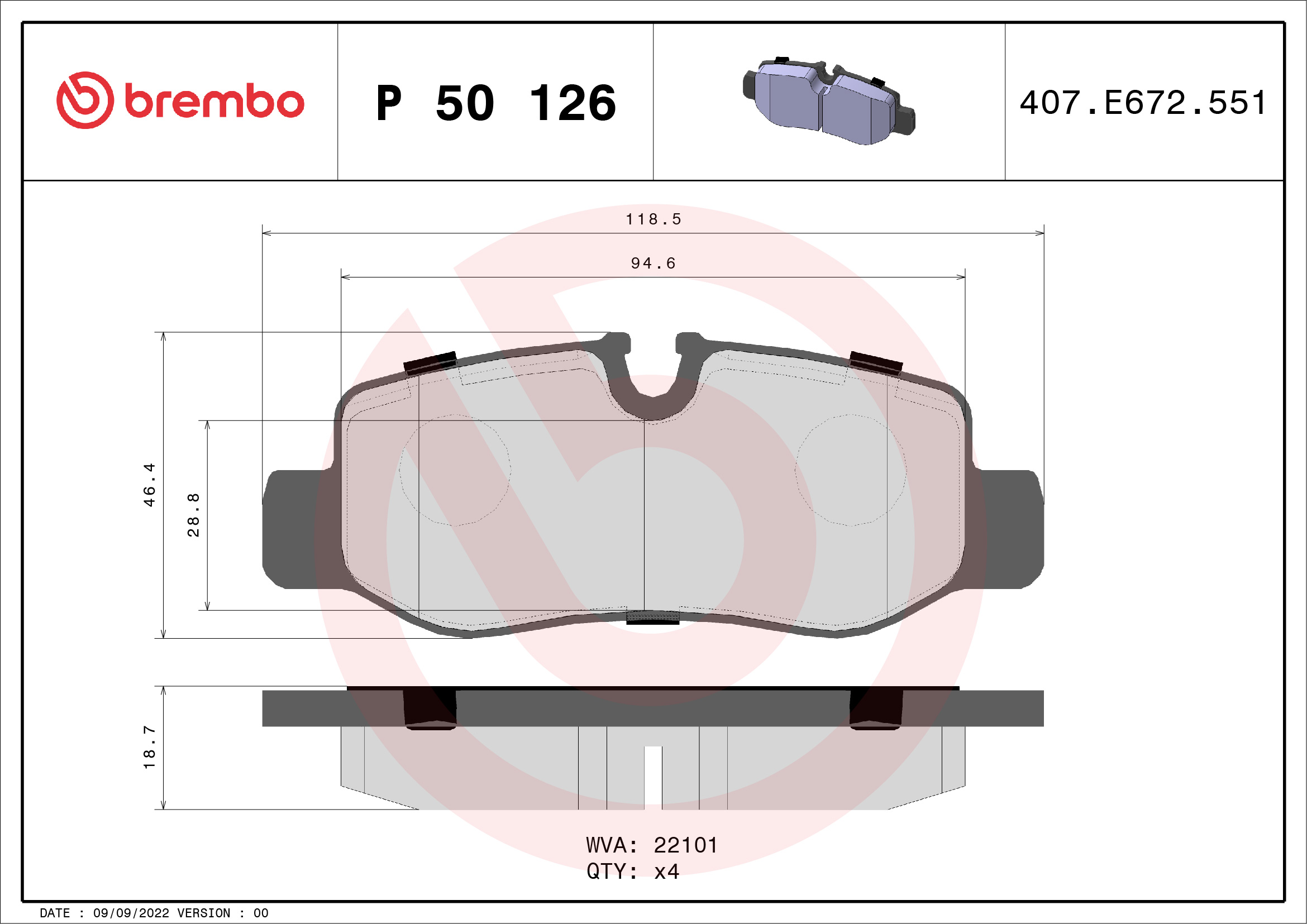 Slika BREMBO - P 50 126 - Komplet pločica, disk-kočnica (Kočioni uređaj)