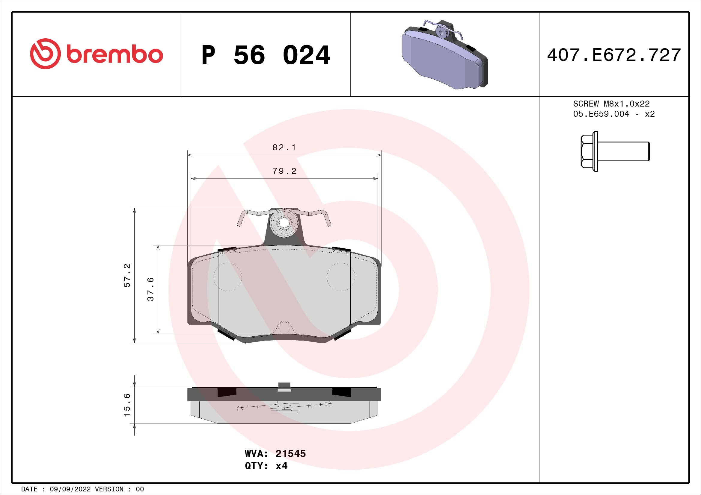 Slika BREMBO - P 56 024 - Komplet pločica, disk-kočnica (Kočioni uređaj)