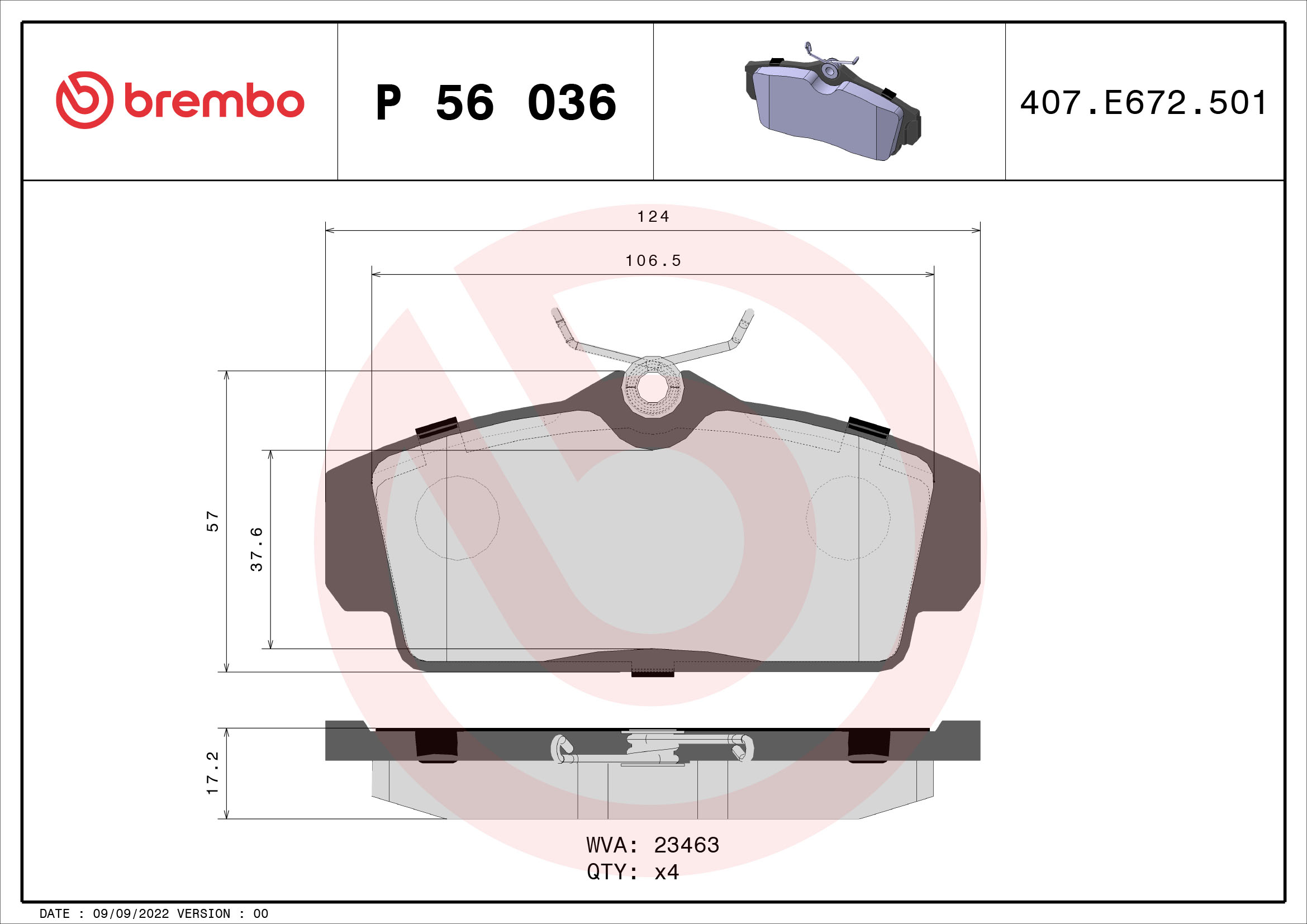 Slika BREMBO - P 56 036 - Komplet pločica, disk-kočnica (Kočioni uređaj)