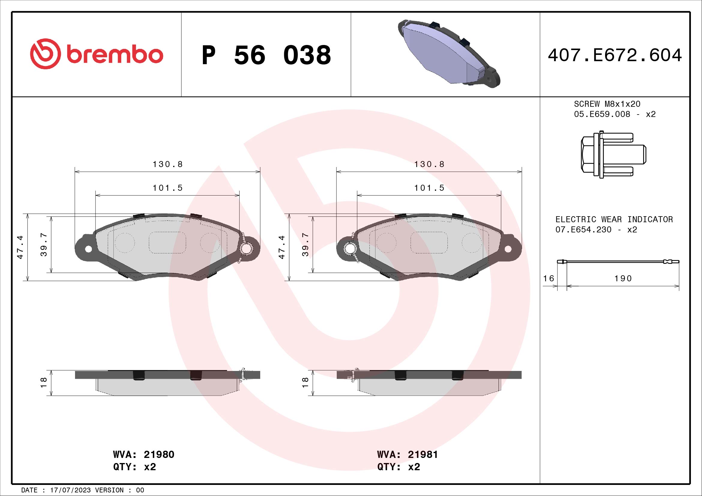 Slika BREMBO - P 56 038 - Komplet pločica, disk-kočnica (Kočioni uređaj)