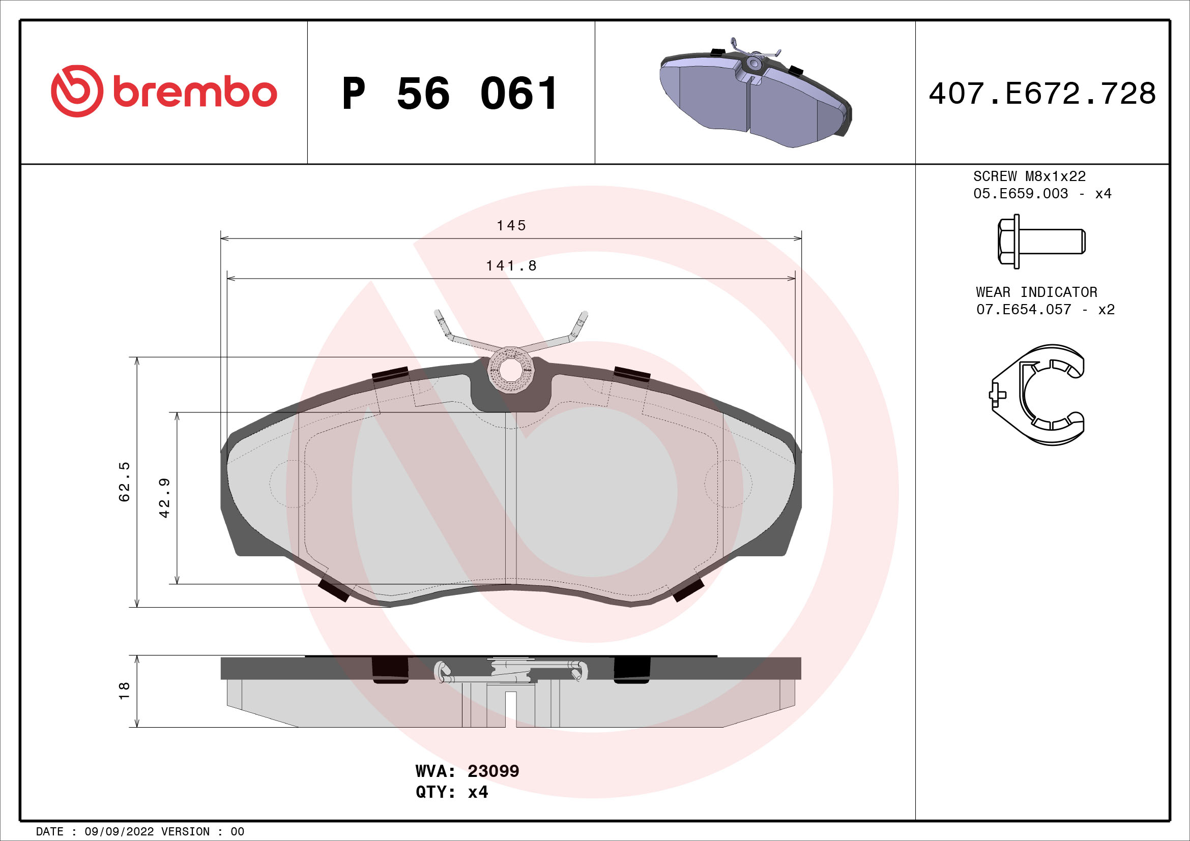 Slika BREMBO - P 56 061 - Komplet pločica, disk-kočnica (Kočioni uređaj)