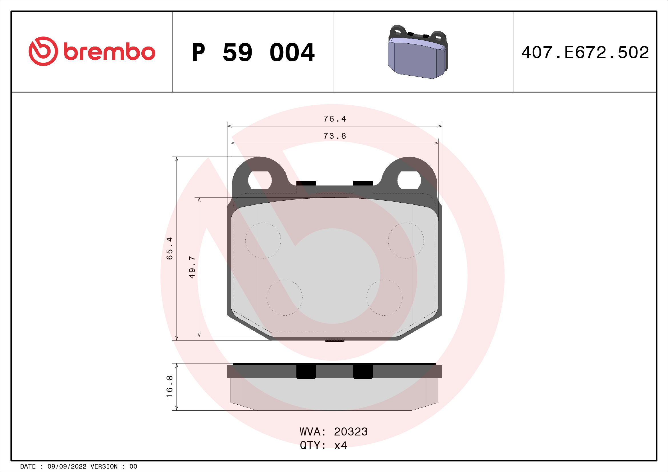Slika BREMBO - P 59 004 - Komplet pločica, disk-kočnica (Kočioni uređaj)