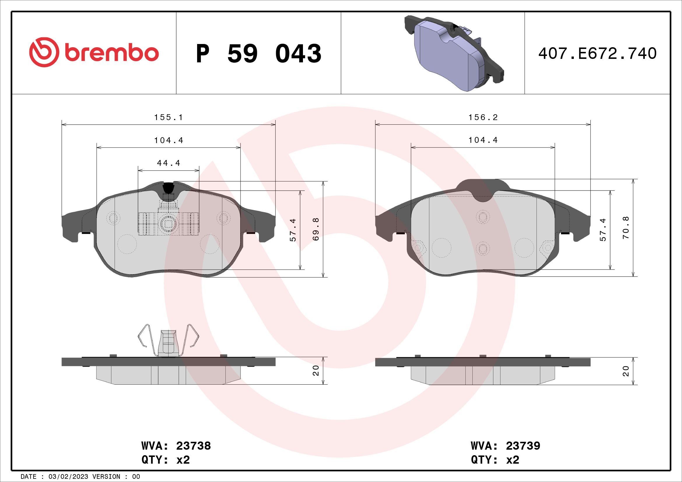Slika BREMBO - P 59 043 - Komplet pločica, disk-kočnica (Kočioni uređaj)