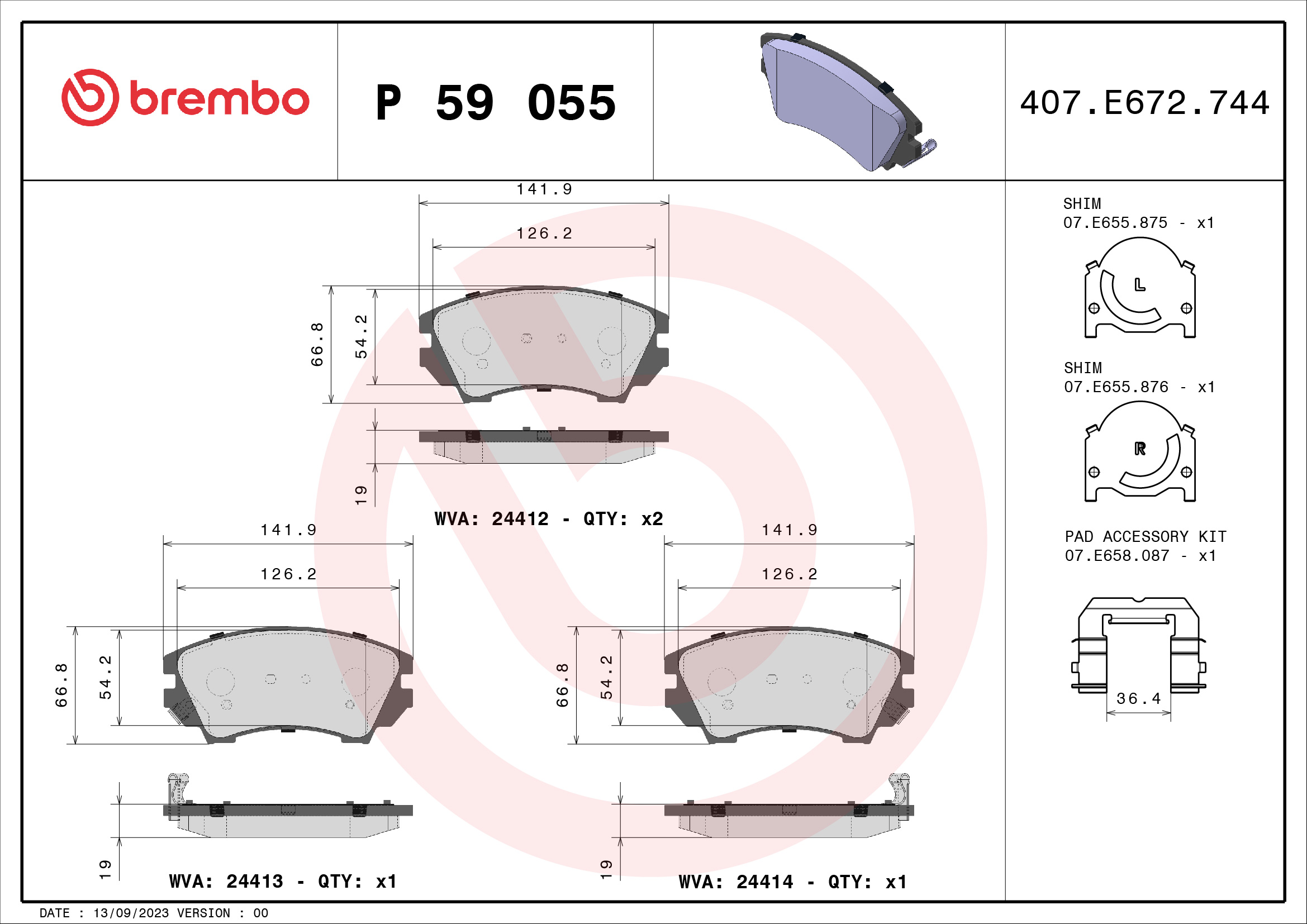 Slika BREMBO - P 59 055 - Komplet pločica, disk-kočnica (Kočioni uređaj)