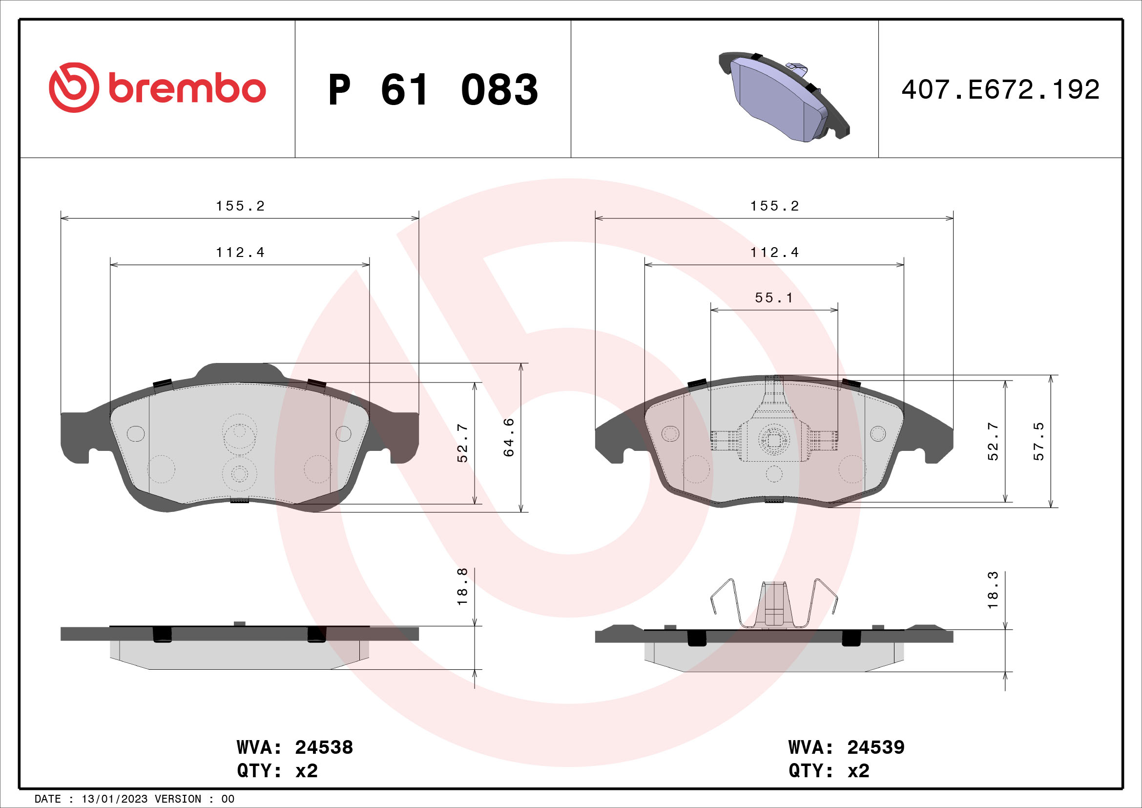 PREDNJE KOČIONE PLOČICE - BREMBO - P 61 083