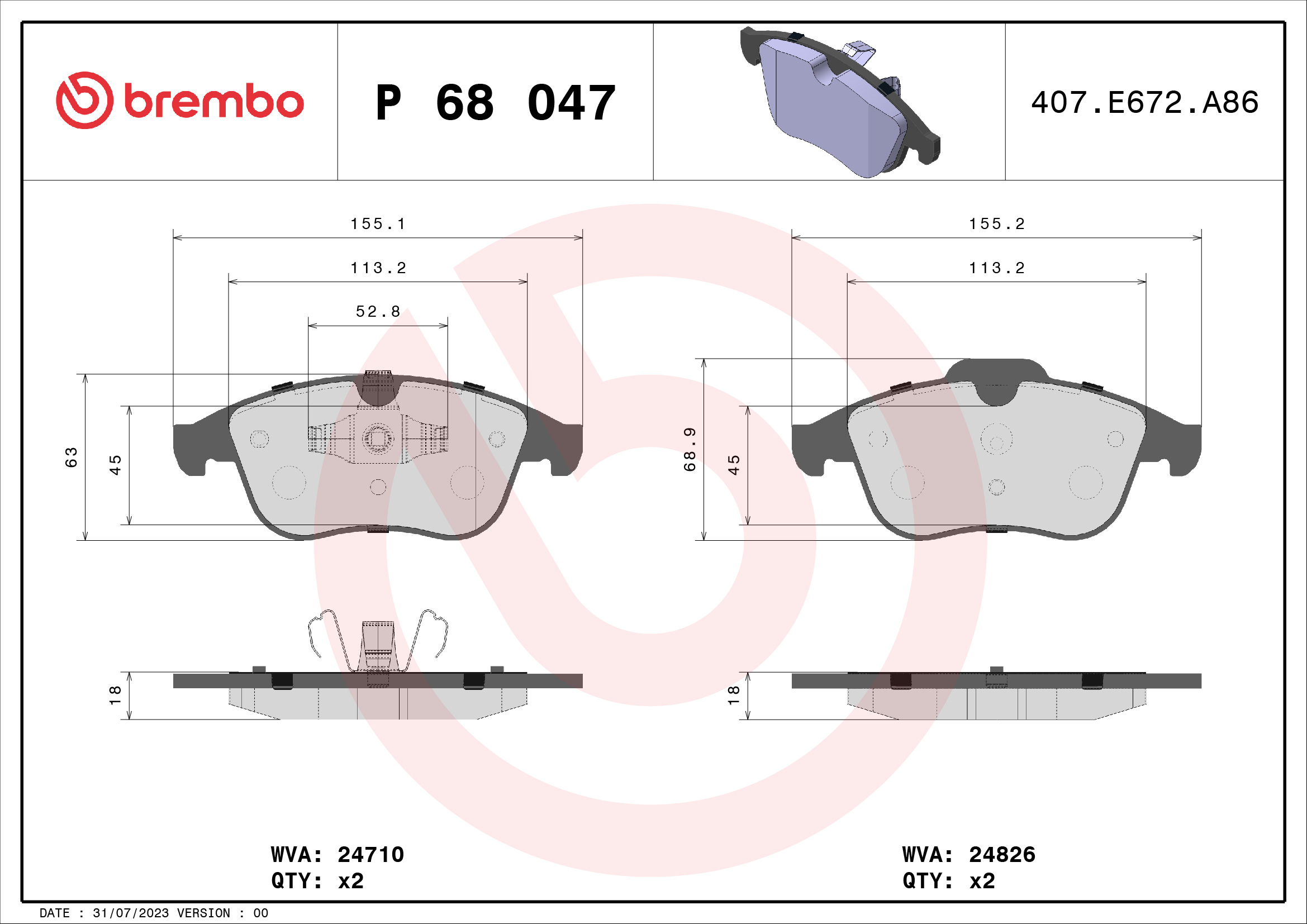 Slika BREMBO - P 68 047 - Komplet pločica, disk-kočnica (Kočioni uređaj)