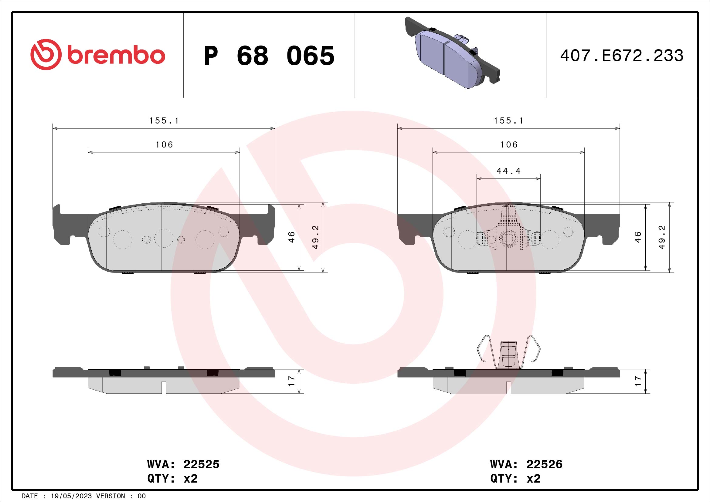 Slika BREMBO - P 68 065 - Komplet pločica, disk-kočnica (Kočioni uređaj)