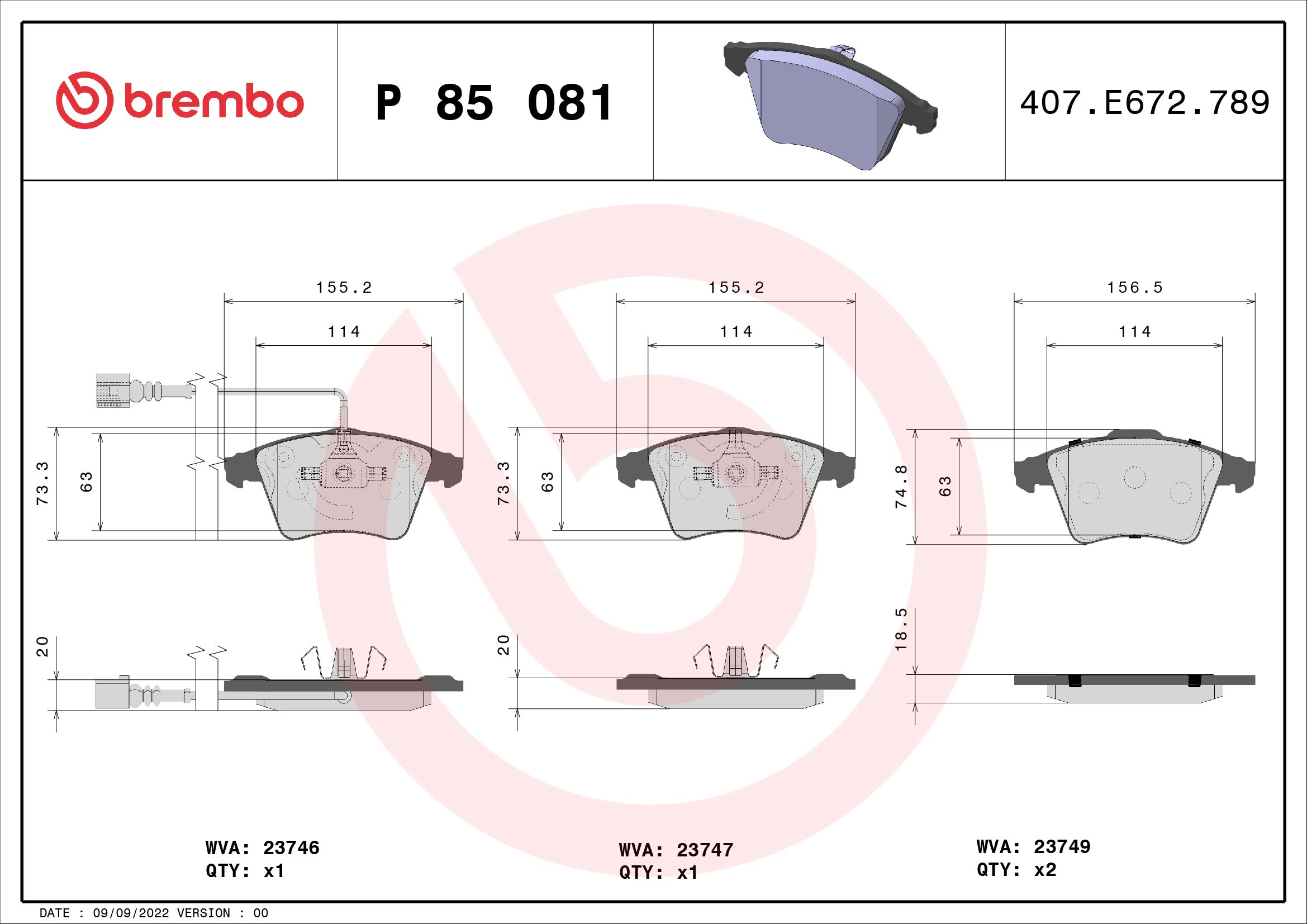 KOMPLET PLOČICA, DISK-KOČNICA - BREMBO - P 85 081