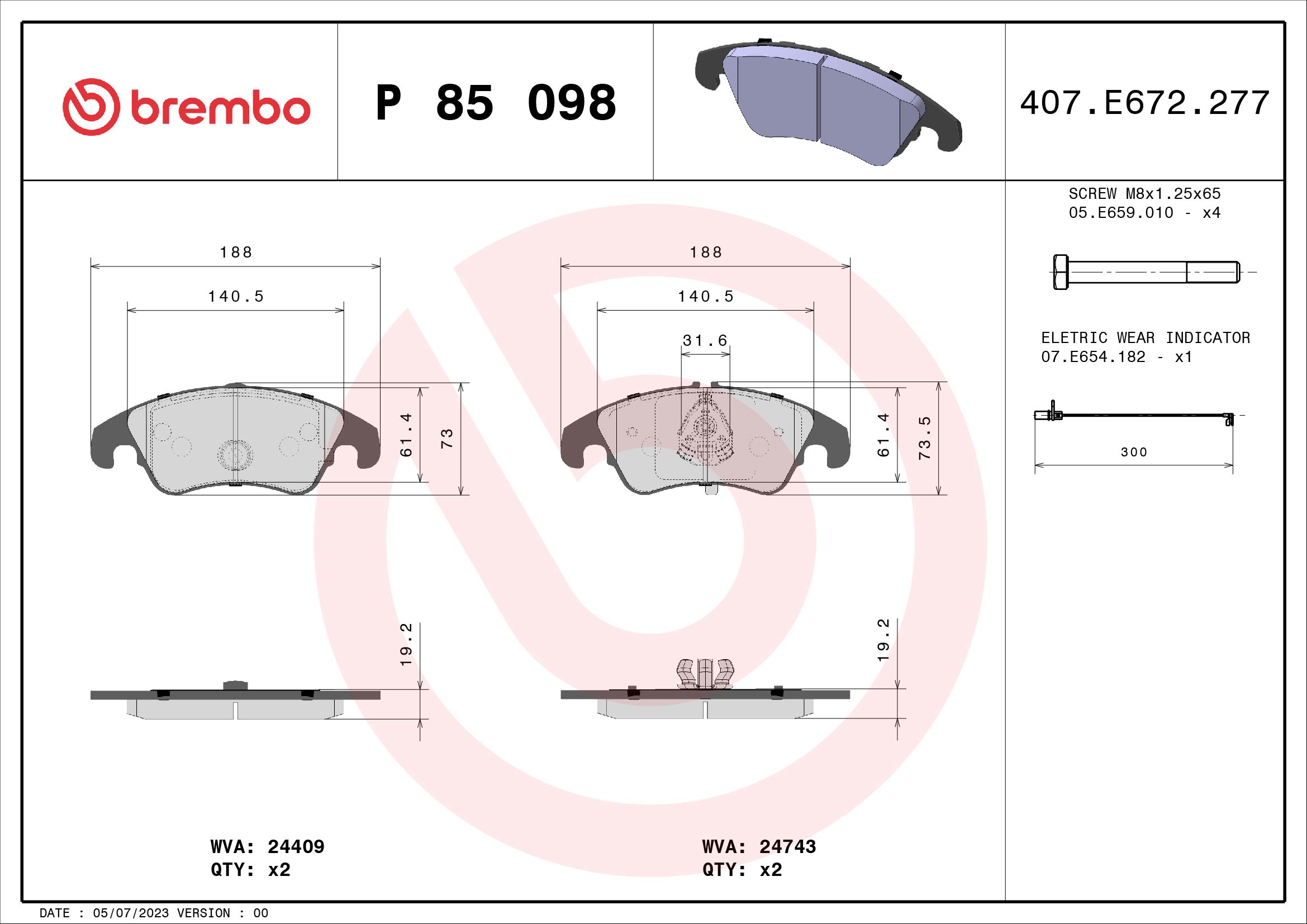 PREDNJE KOČIONE PLOČICE - BREMBO - P 85 098