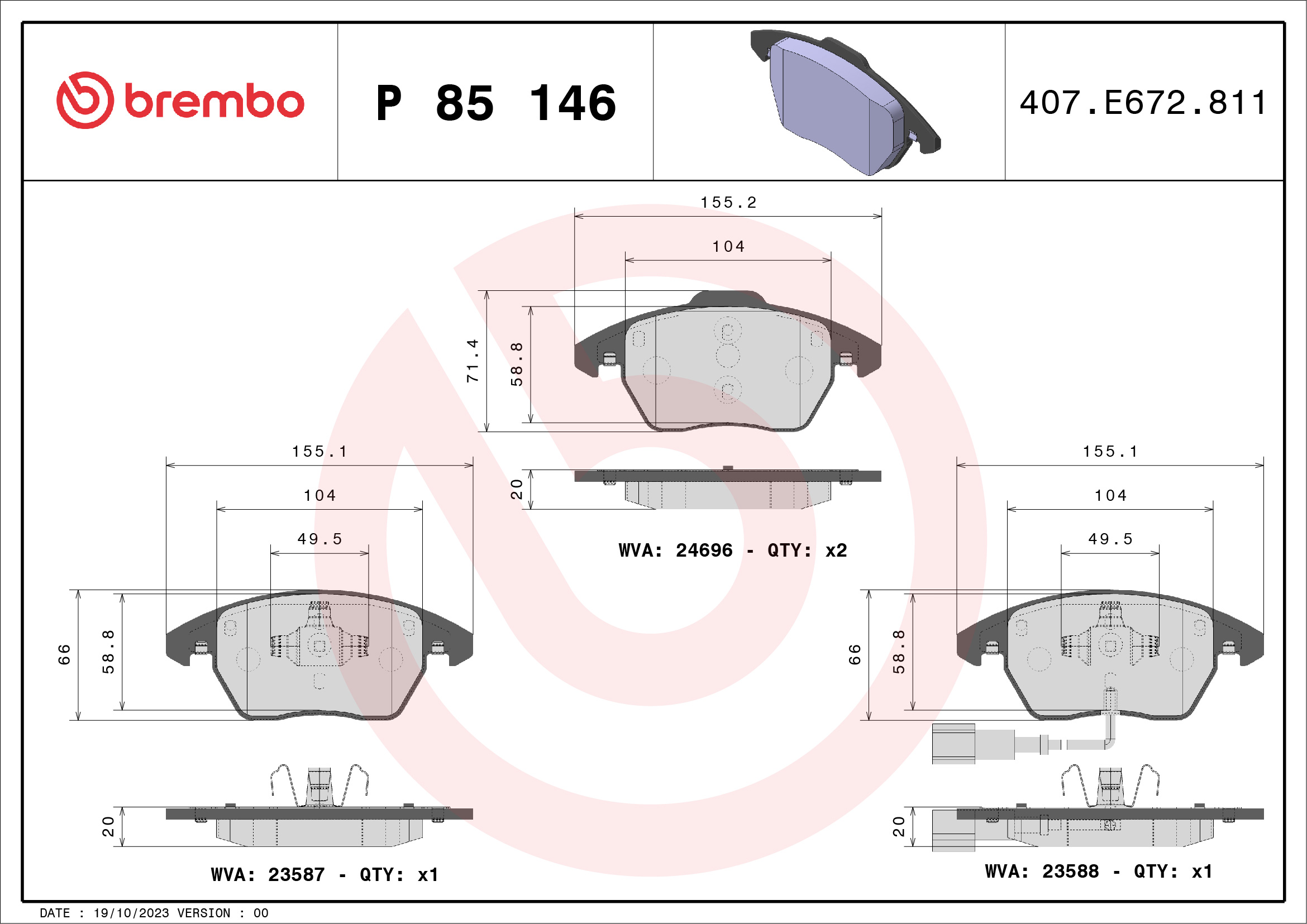 PREDNJE KOČIONE PLOČICE - BREMBO - P 85 146